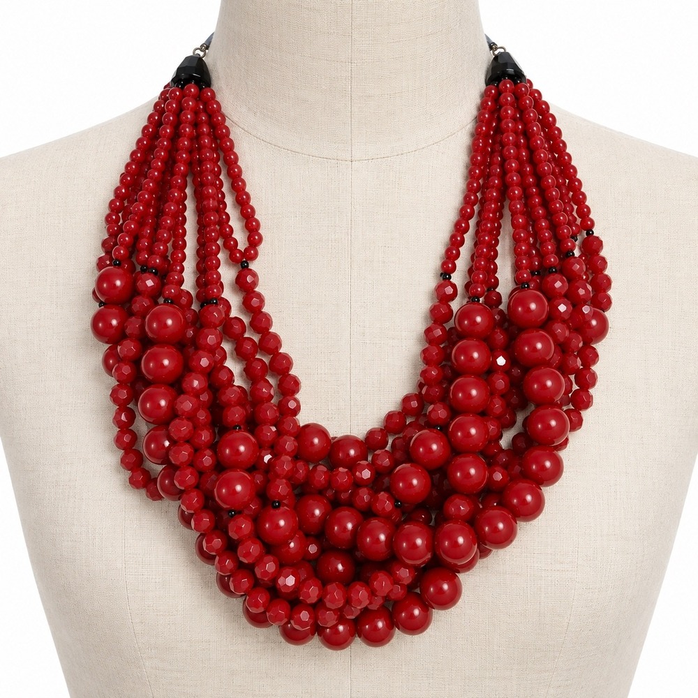 Vintage Red Multi Strand Bead Bib Necklace OS Maximalist Statement